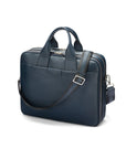 15" leather laptop briefcase, navy, with shoulder strap