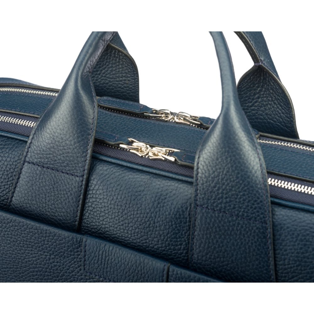 15" leather laptop briefcase, navy, zip closure