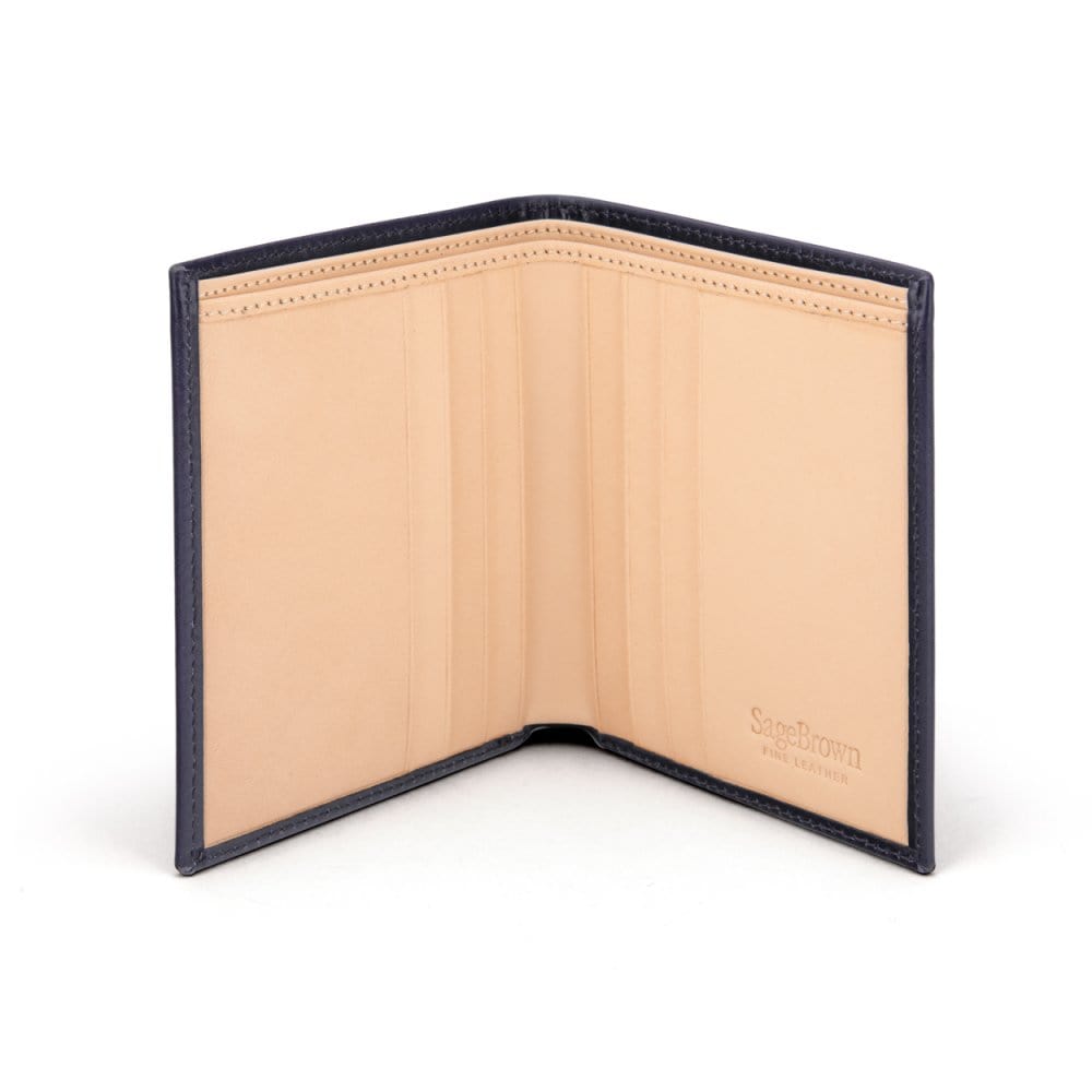Bifold leather wallet with 6 credit cards, navy, open