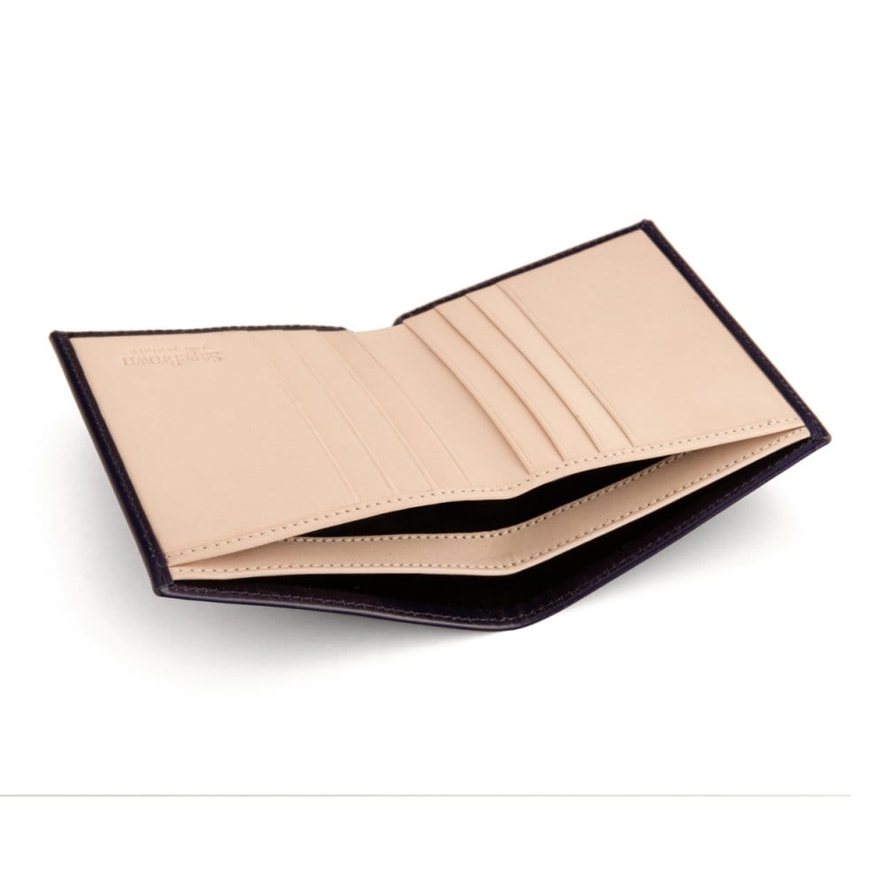 Bifold leather wallet with 6 credit cards, navy, inside
