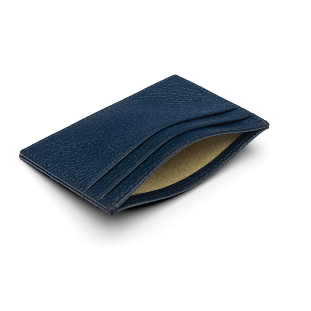 Flat leather credit card wallet 4 CC, navy, inside