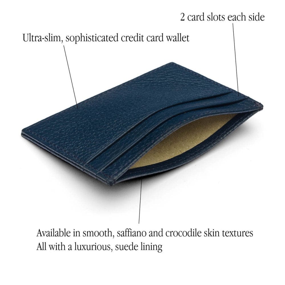 Flat leather credit card wallet 4 CC, navy, features