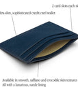 Flat leather credit card wallet 4 CC, navy, features