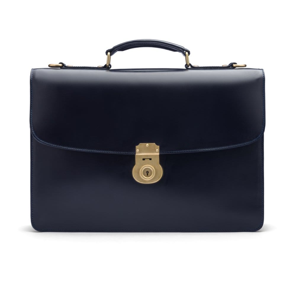 Bridle hide briefcase with brass lock, Harvard, navy, front
