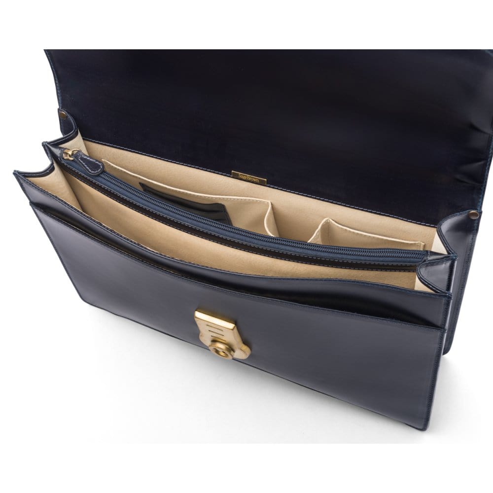 Bridle hide briefcase with brass lock, Harvard, navy, inside