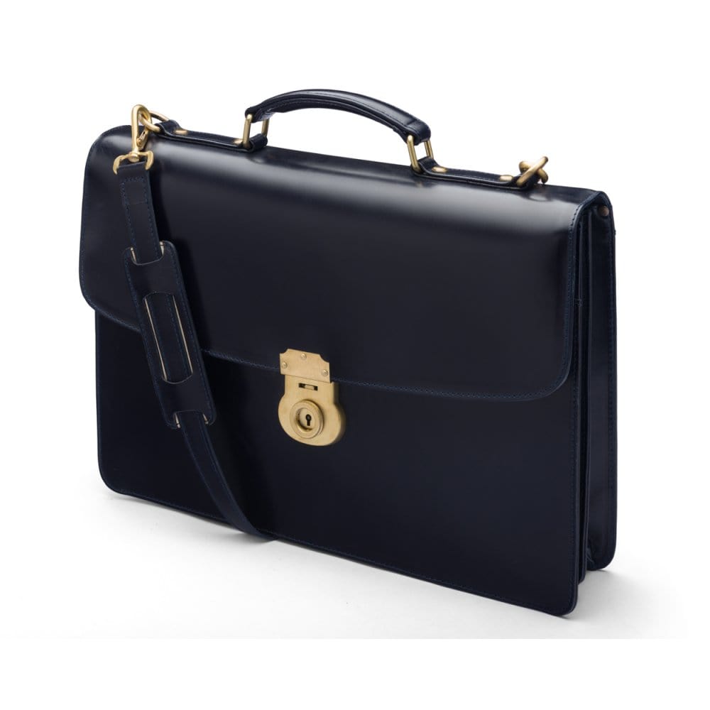 Bridle hide briefcase with brass lock, Harvard, navy, side