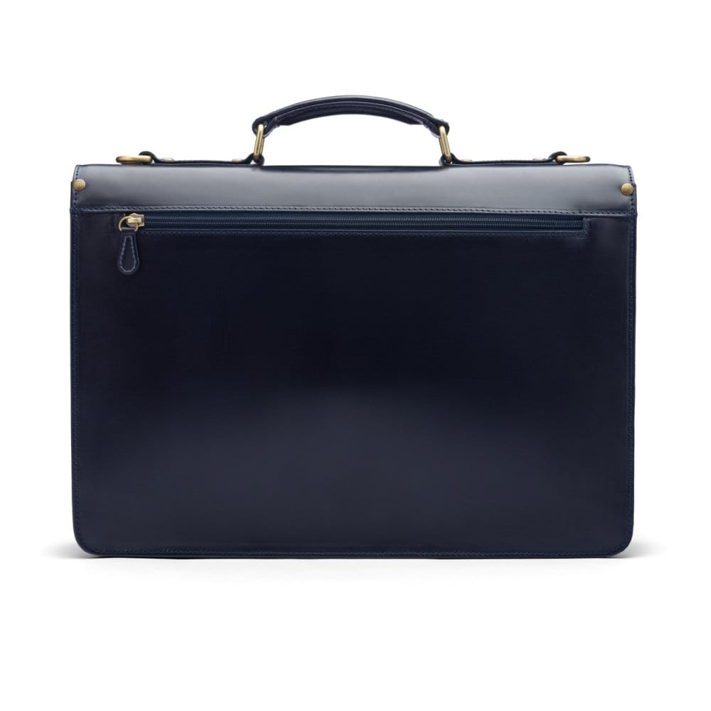 Bridle hide briefcase with brass lock, Harvard, navy, back