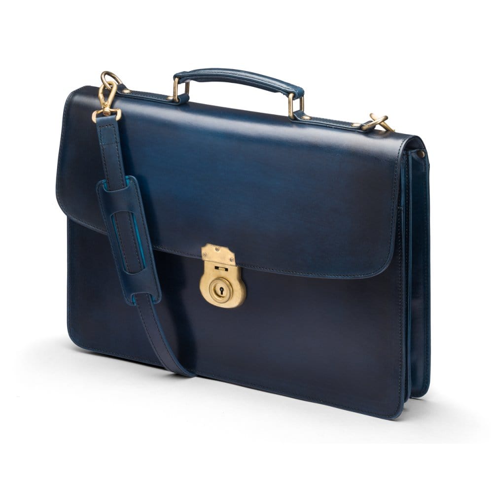 Burnished leather briefcase with brass lock, Harvard, navy, side