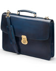 Burnished leather briefcase with brass lock, Harvard, navy, side