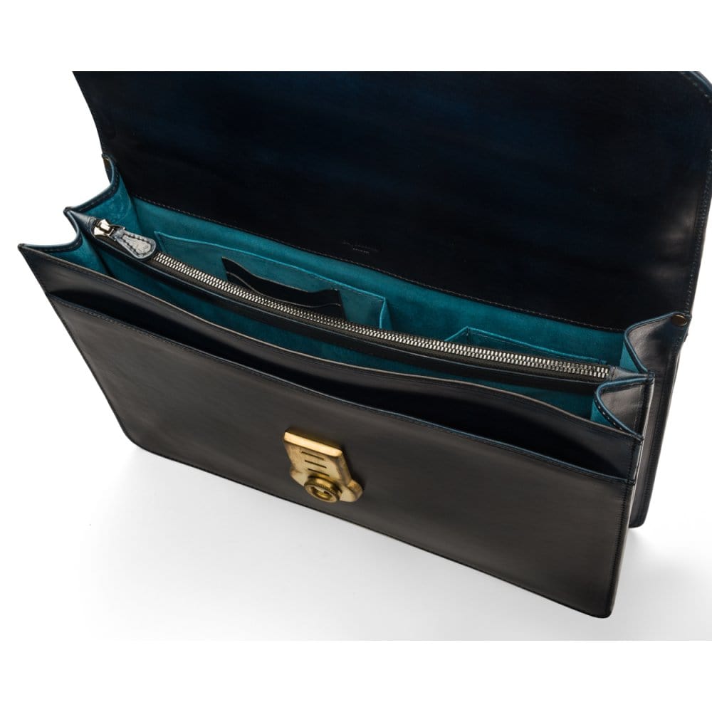 Burnished leather briefcase with brass lock, Harvard, navy, inside