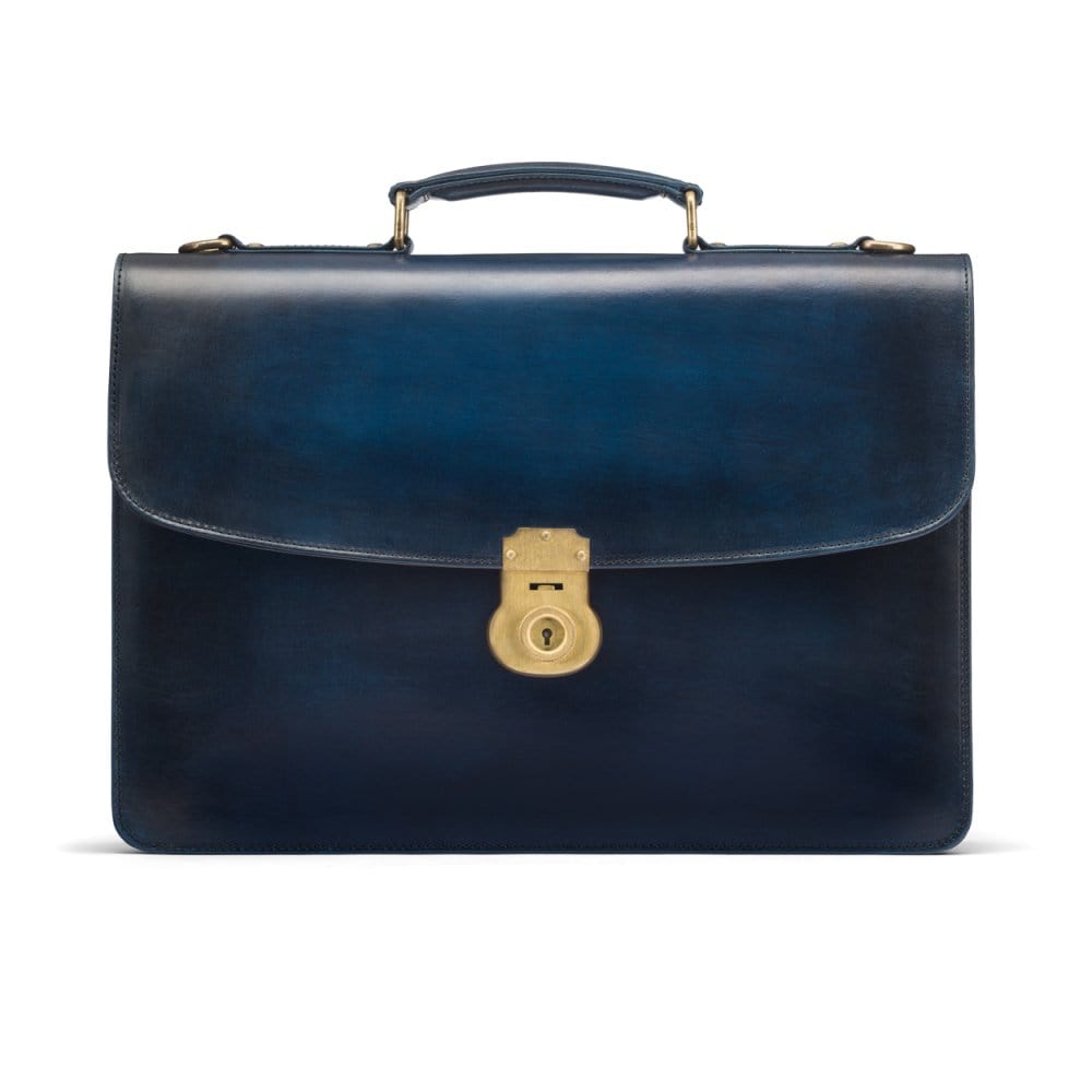 Burnished leather briefcase with brass lock, Harvard, navy, front