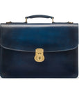 Burnished leather briefcase with brass lock, Harvard, navy, front