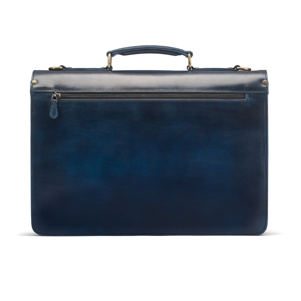 Burnished leather briefcase with brass lock, Harvard, navy, back