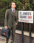 Burnished leather briefcase with brass lock, Harvard, navy, lifestyle