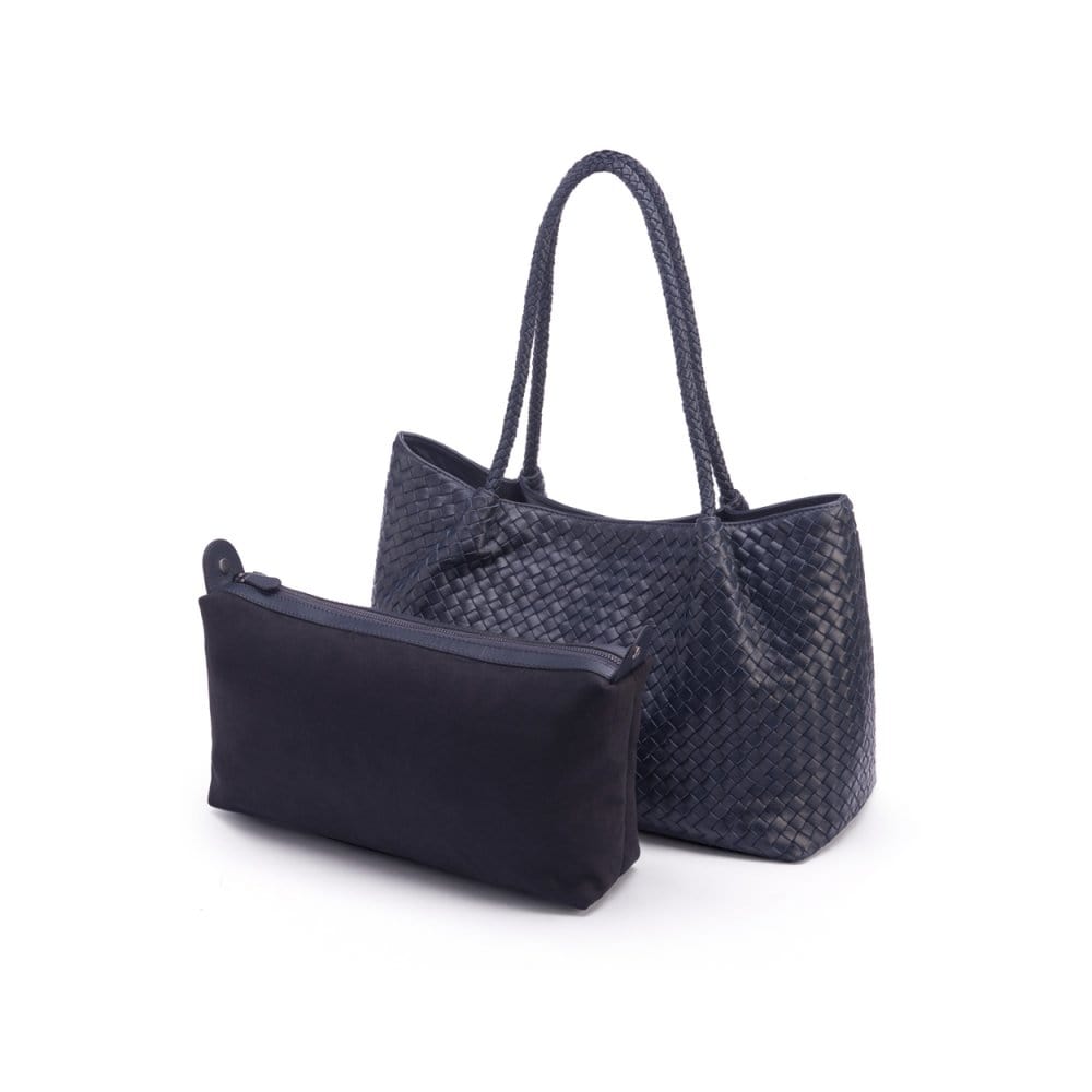 Woven leather slouchy bag, navy, with inner bag