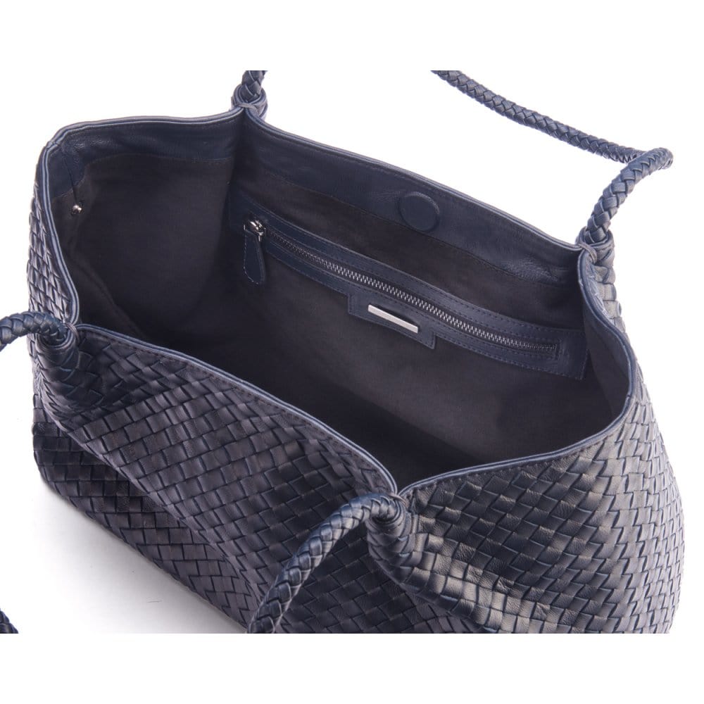 Woven leather slouchy bag, navy, inside without inner bag