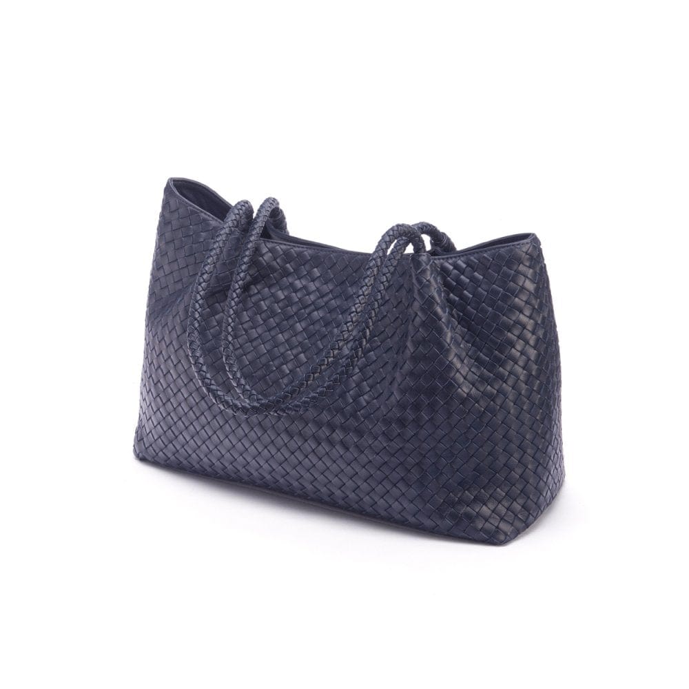 Woven leather slouchy bag, navy, side