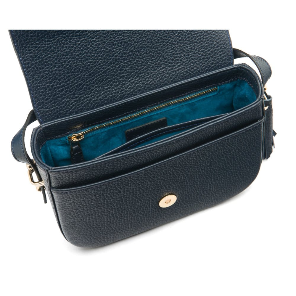 Leather saddle bag, navy, inside