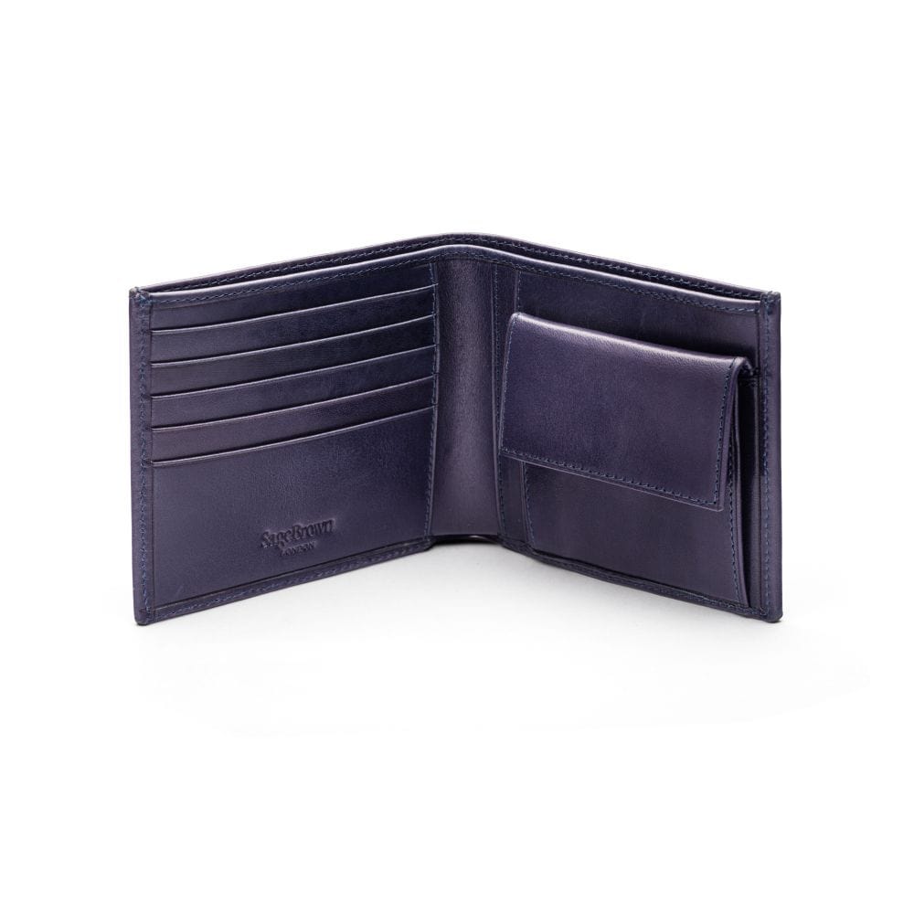 Leather wallet with coin purse, navy, open