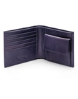 Leather wallet with coin purse, navy, open