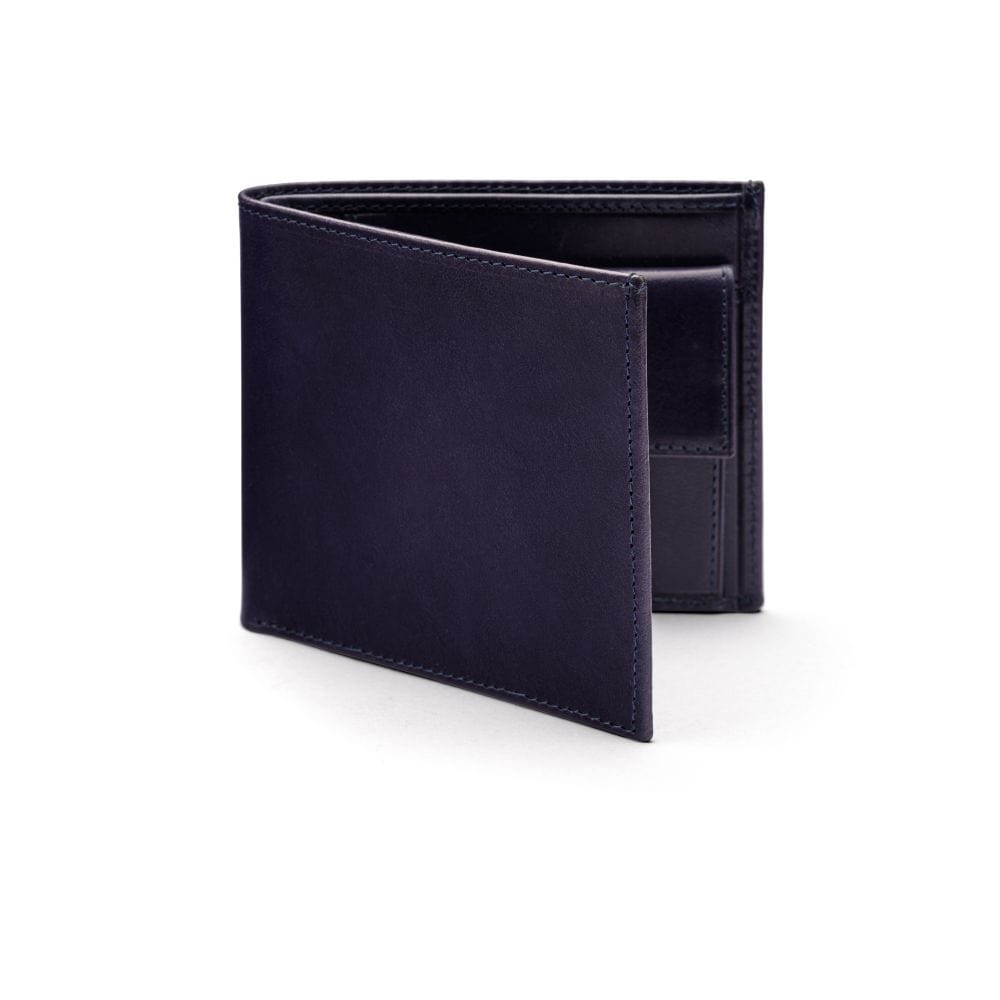 Leather wallet with coin purse, navy, front
