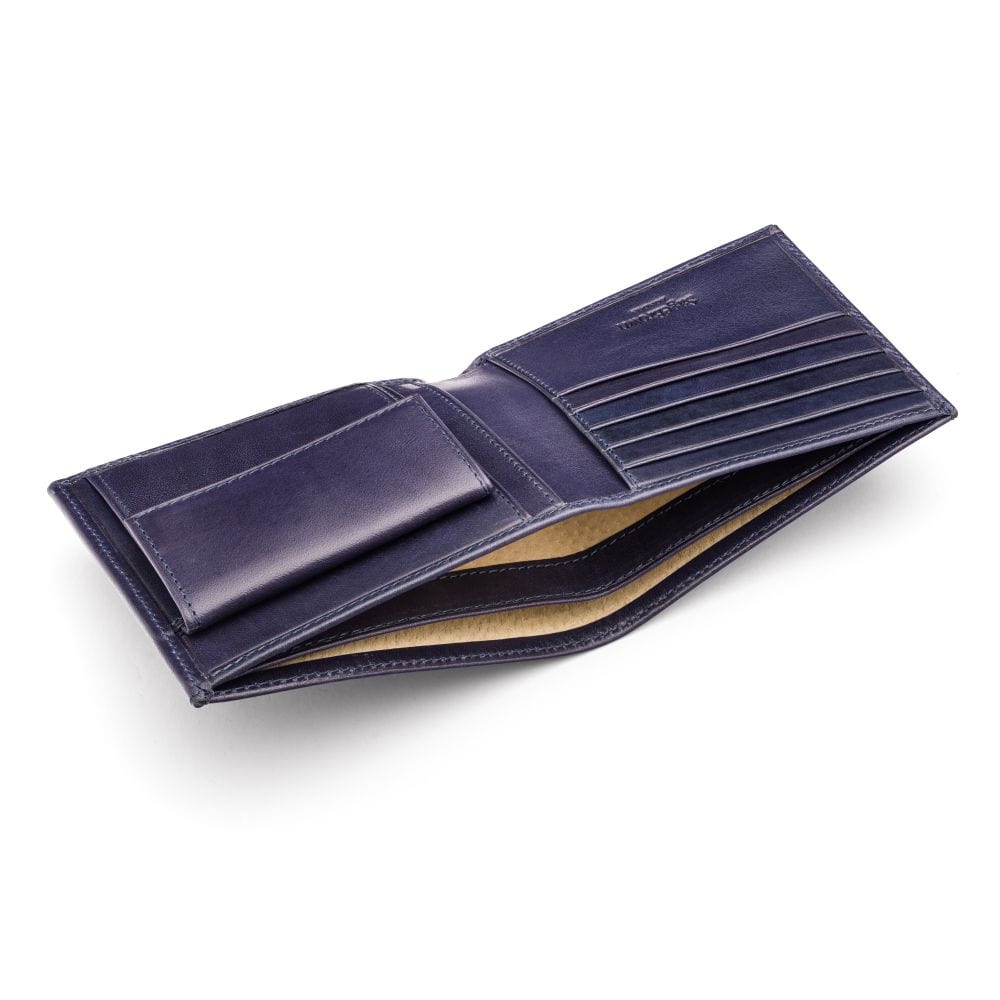 Leather wallet with coin purse, navy, inside