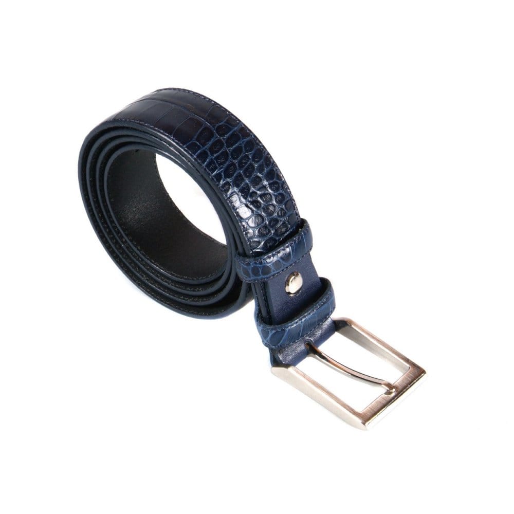 Leather belt with silver buckle, navy croc