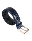 Leather belt with silver buckle, navy croc