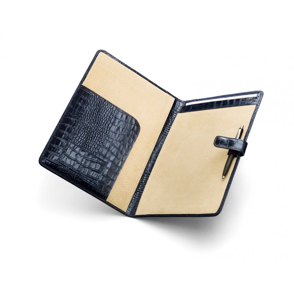Leather conference folder, navy croc, open