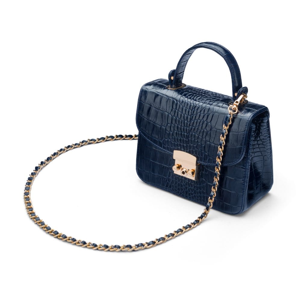 Small leather top handle bag, navy croc, side