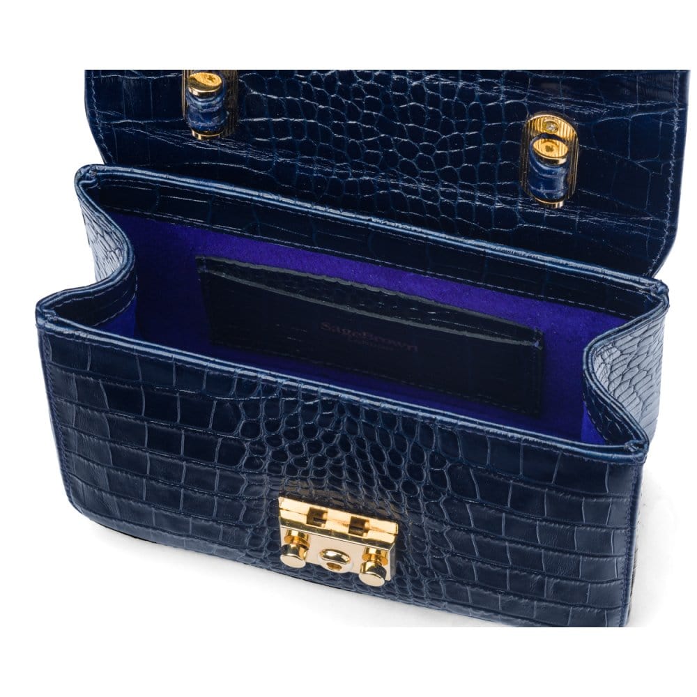 Small leather top handle bag, navy croc, inside