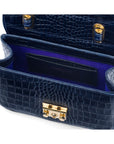 Small leather top handle bag, navy croc, inside