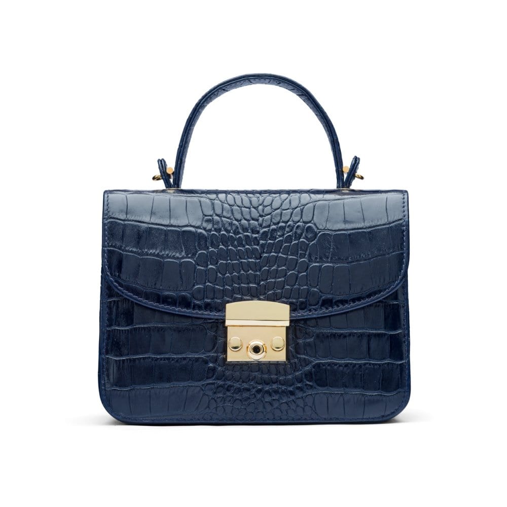 Small leather top handle bag, navy croc, front