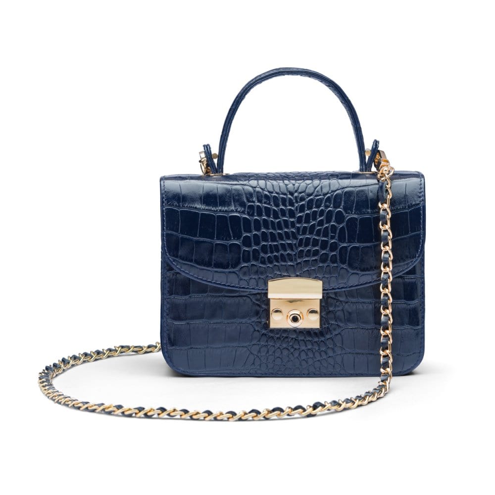 Small leather top handle bag, navy croc, with chain strap