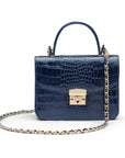 Small leather top handle bag, navy croc, with chain strap