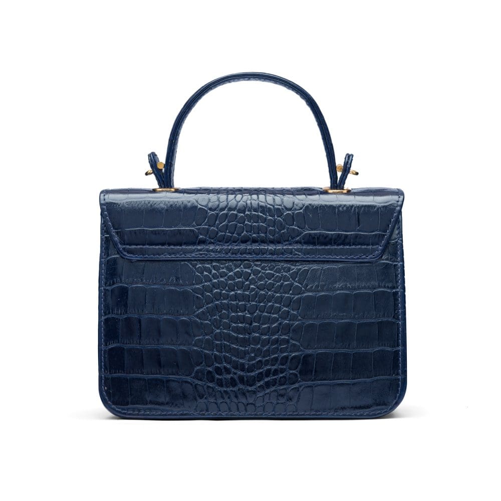 Small leather top handle bag, navy croc, back