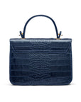 Small leather top handle bag, navy croc, back