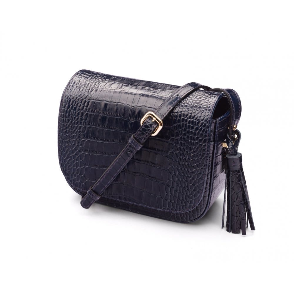 Leather saddle bag, navy croc, side