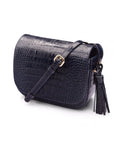 Leather saddle bag, navy croc, side