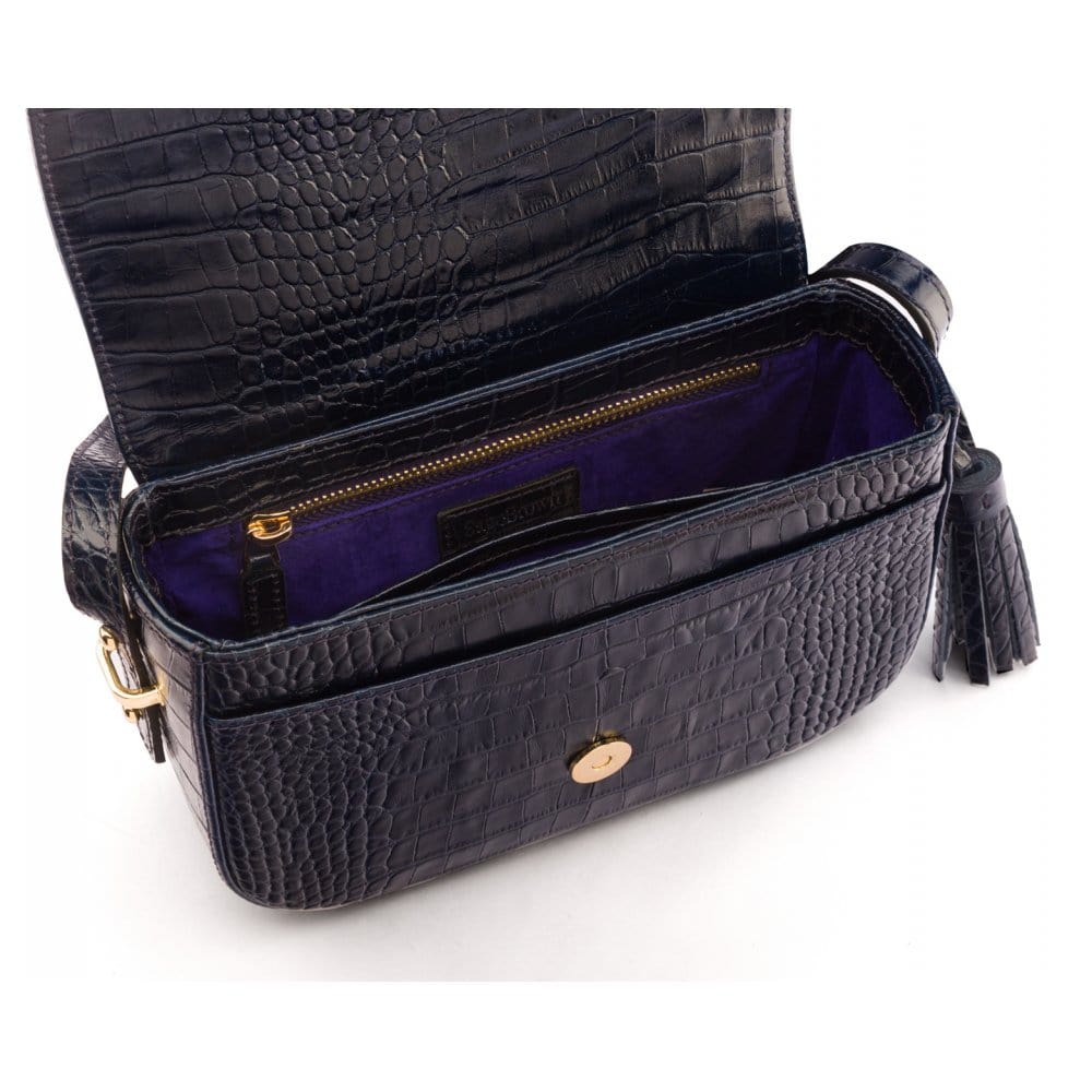 Leather saddle bag, navy croc, inside