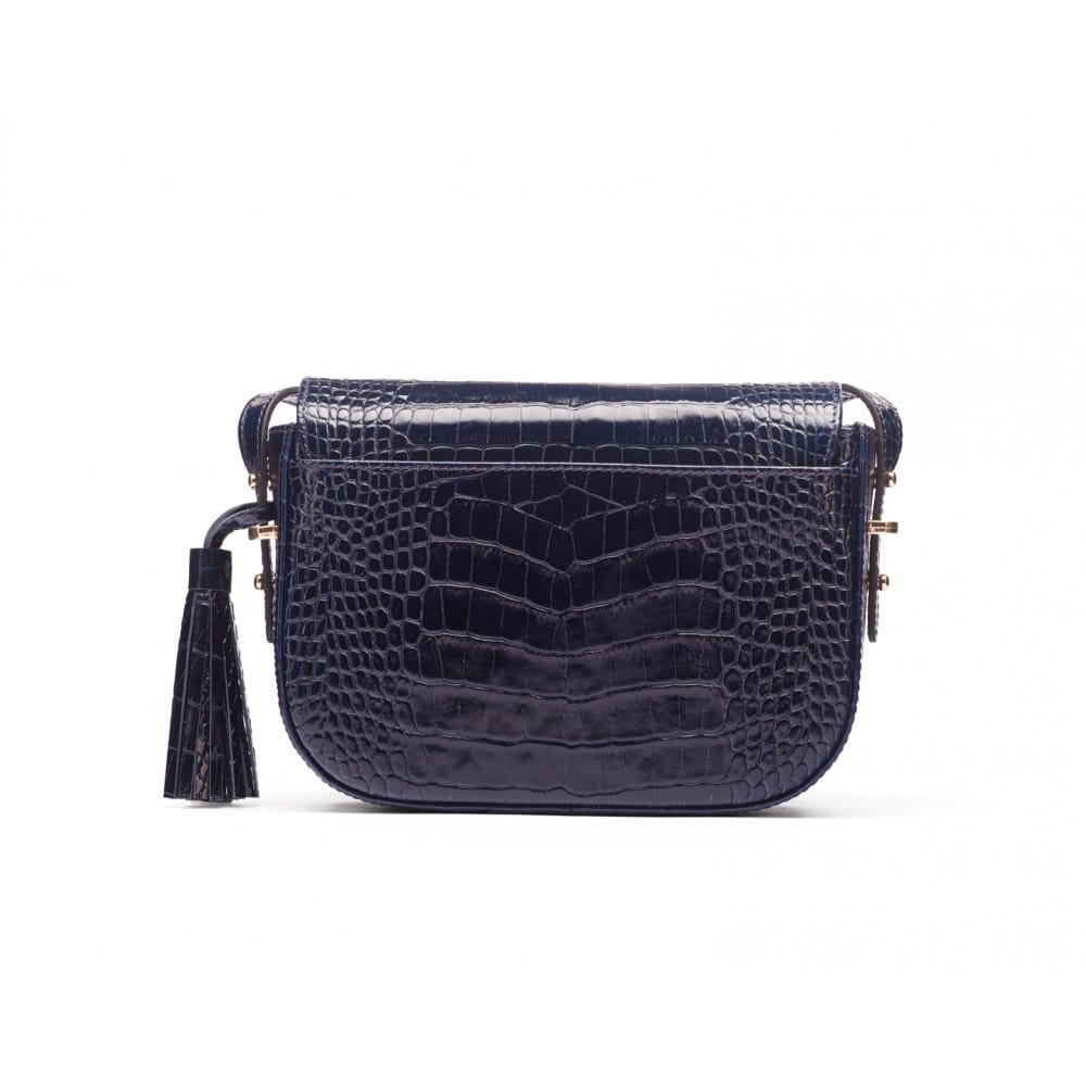 Leather saddle bag, navy croc, back