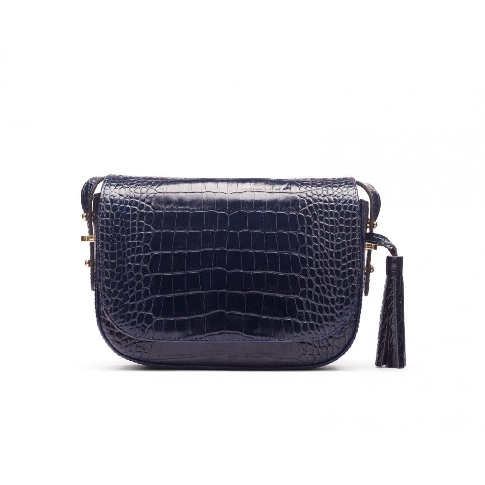 Leather saddle bag, navy croc, front