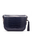 Leather saddle bag, navy croc, front