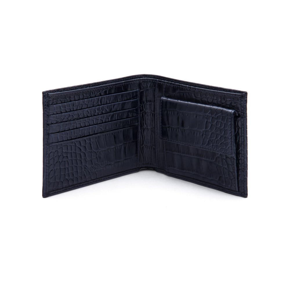 Leather wallet with coin purse, navy croc, open