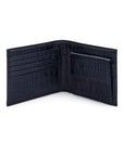 Leather wallet with coin purse, navy croc, open