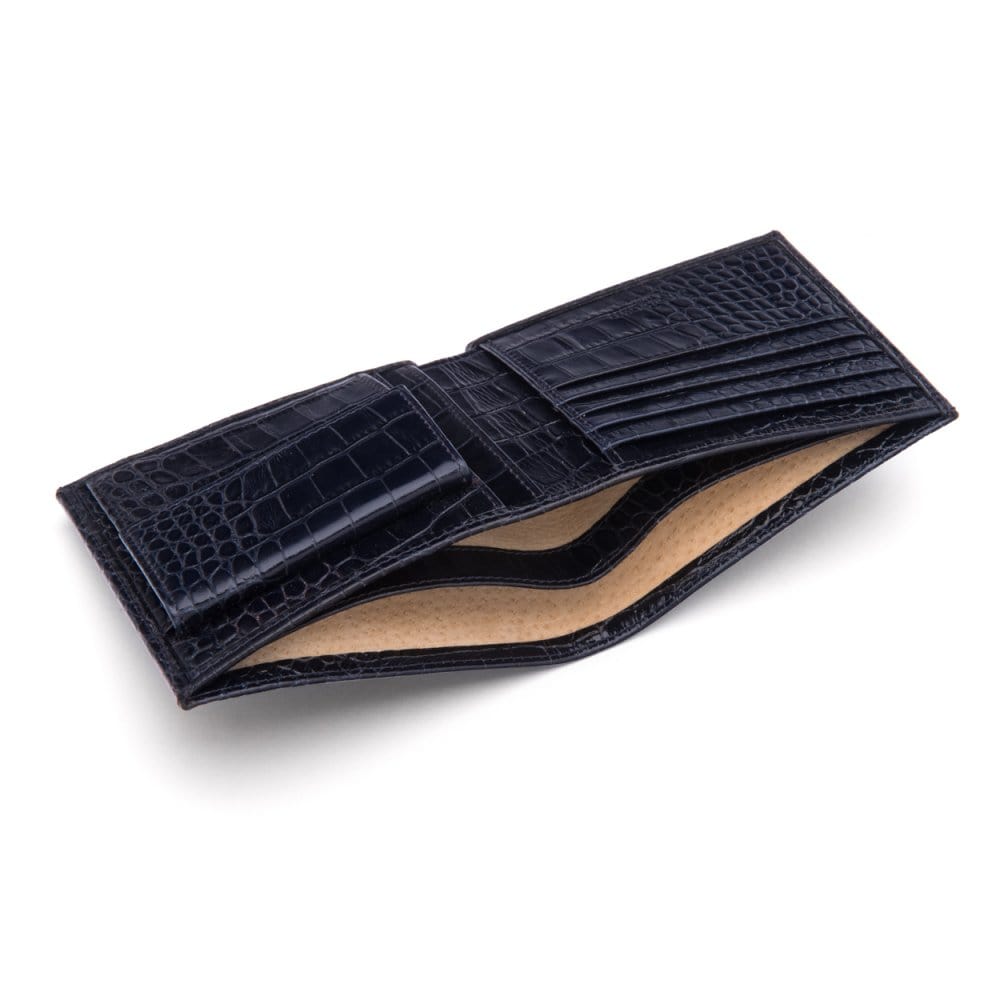 Leather wallet with coin purse, navy croc, inside