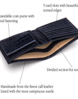 Leather wallet with coin purse, navy croc, features