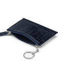 Flat leather card wallet with jotter and zip, navy croc, open