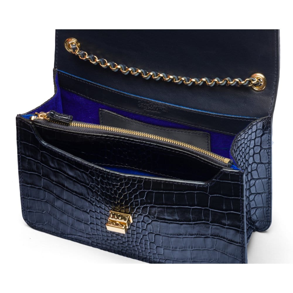 Leather chain bag, navy croc, inside view