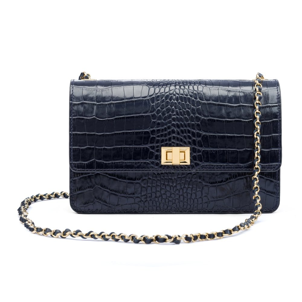 Leather chain bag, navy croc, front view